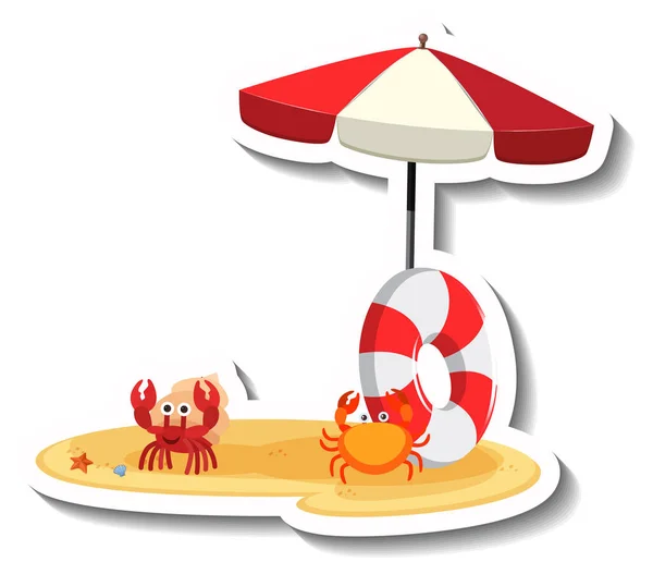 Krab Piasku Parasolem Plażowym Pierścieniem Pływackim Ilustracja — Wektor stockowy