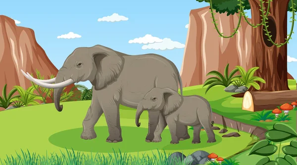 Éléphant Maman Bébé Dans Forêt Forêt Tropicale Scène Avec Nombreux — Image vectorielle