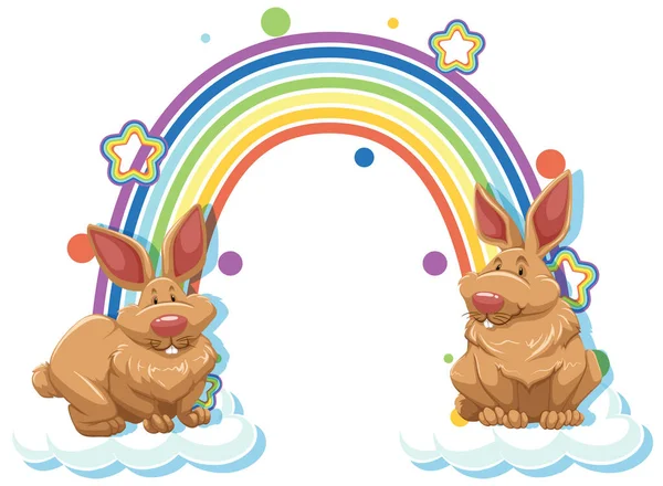 Two Rabbits Cartoon Character Rainbow Illustration — Stock Vector