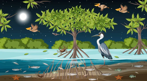 Mangrove Skog Landskap Scen Natten Illustration — Stock vektor