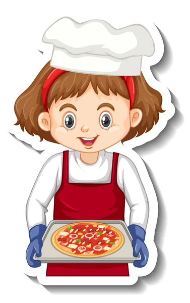 Sticker Ontwerp Met Chef Kok Meisje Met Pizza Lade Illustratie — Stockvector