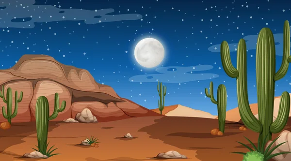 Deserto Paesaggio Forestale Notte Scena Con Molti Cactus Illustrazione — Vettoriale Stock