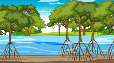 Mangrove Ormanı 'nın gündüz karikatür tarzı illüstrasyonunda doğa sahnesi.