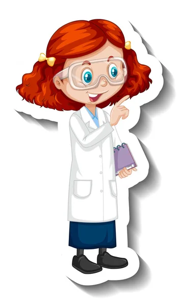 卡通人物贴纸 上有一个身着科学长袍的女孩 — 图库矢量图片