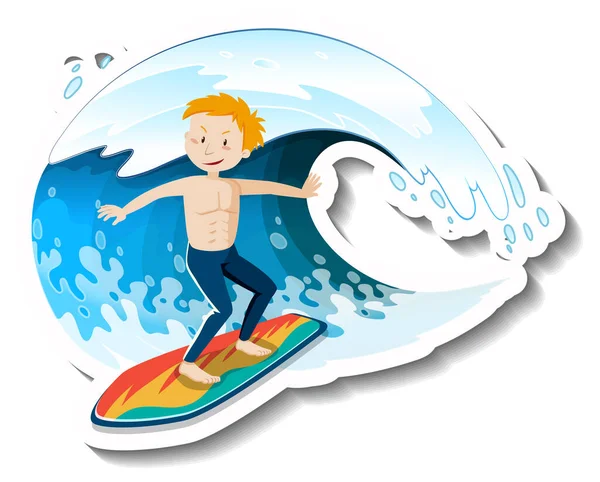 Geïsoleerde Man Surfen Met Oceaan Golf Illustratie — Stockvector