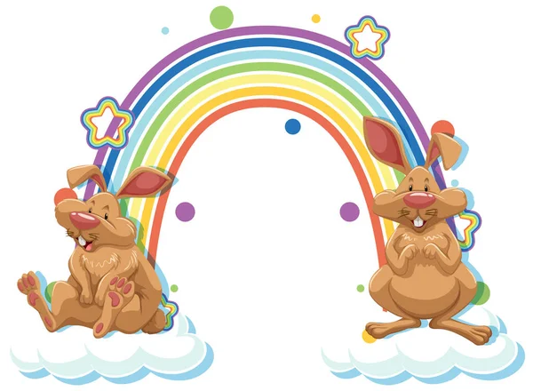 Two Rabbits Cartoon Character Rainbow Illustration — Stock Vector