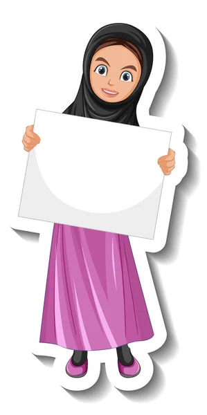 Sticker Muslim Γυναίκα Κρατώντας Κενό Πίνακα Λευκό Φόντο Εικονογράφηση — Διανυσματικό Αρχείο