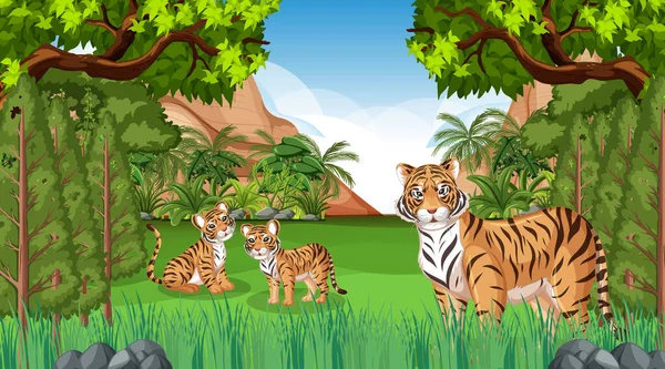 Bosque Selva Tropical Con Ilustración Familia Del Tigre — Archivo Imágenes Vectoriales