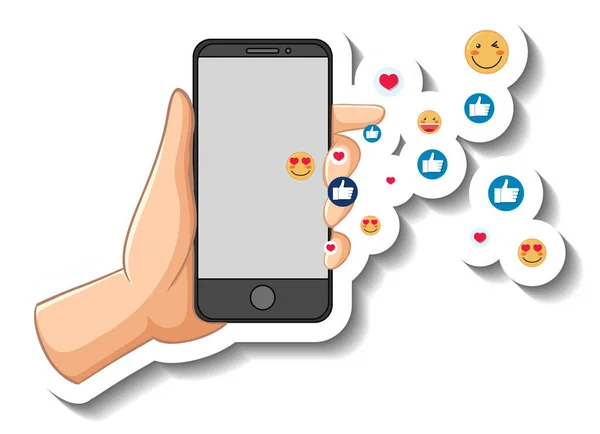 Naklejka Szablon Strony Trzymając Smartfon Ikoną Emoji Społecznej Ilustracji — Wektor stockowy