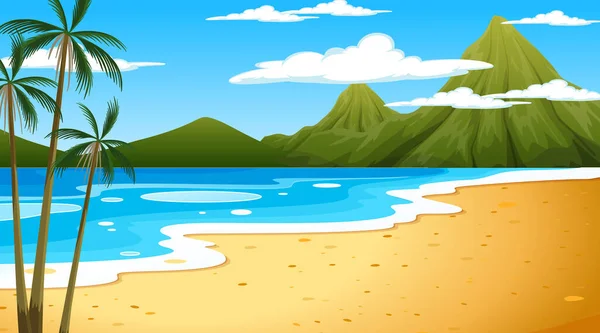 Пляж Дневное Время Пейзаж Иллюстрацией Фоне Гор — стоковый вектор