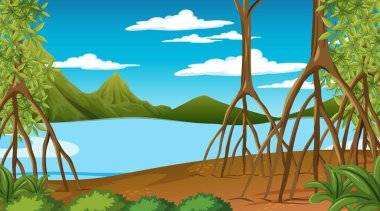 Mangrove Ormanı 'nın gündüz karikatür tarzı illüstrasyonunda doğa sahnesi.