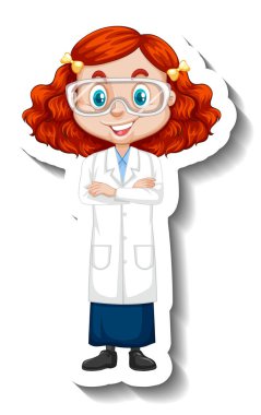 Çizgi film karakteri çıkartması. Üzerinde bilim elbisesi resimli bir kız var.