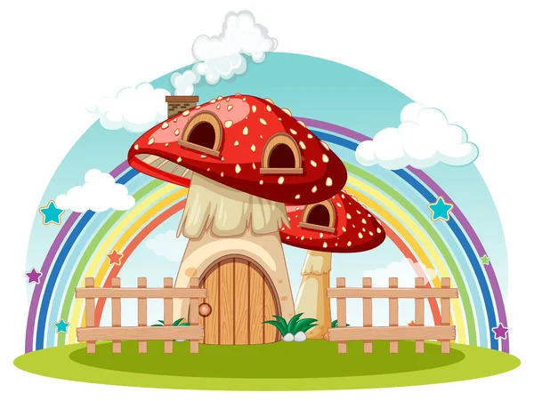 Maison Champignons Avec Arc Ciel Dans Ciel Illustration — Image vectorielle