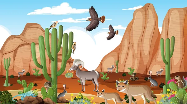 Deserto Paesaggio Forestale Durante Giorno Scena Con Animali Willd Illustrazione — Vettoriale Stock