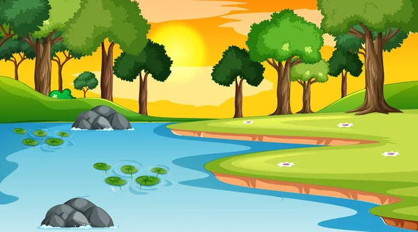 Paisaje Bosque Con Río Muchos Árboles Ilustración — Vector de stock