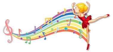 Gökkuşağı dalga resimlerinde melodi sembolleri olan balerin.