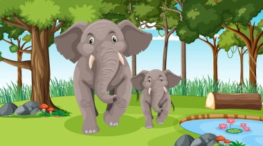 Ormanda ya da yağmur ormanlarında bir sürü ağaç resimli fil anne ve bebek.