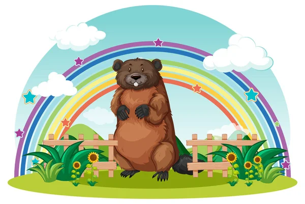 Een Bever Tuin Met Regenboog Lucht Illustratie — Stockvector