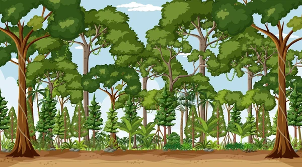 Лес Пейзаж Сцены Дневное Время Множеством Деревьев Иллюстрации — стоковый вектор