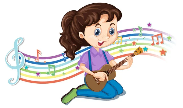 Ragazza Che Suona Chitarra Con Simboli Melodici Sull Illustrazione Delle — Vettoriale Stock