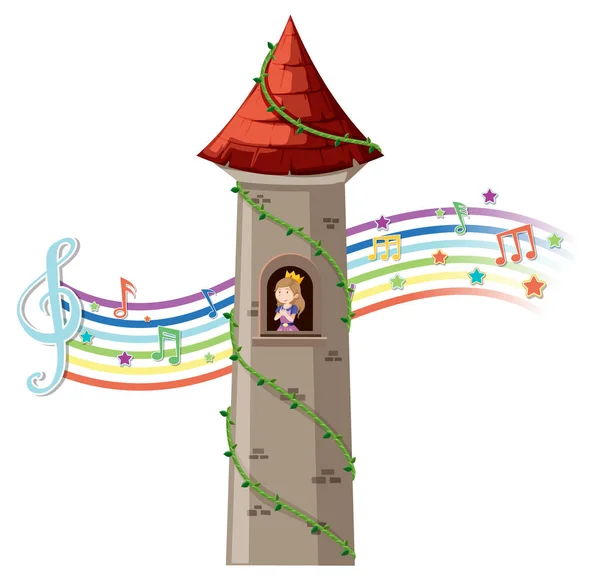 Prinses Toren Met Melodie Symbool Regenboog Illustratie — Stockvector