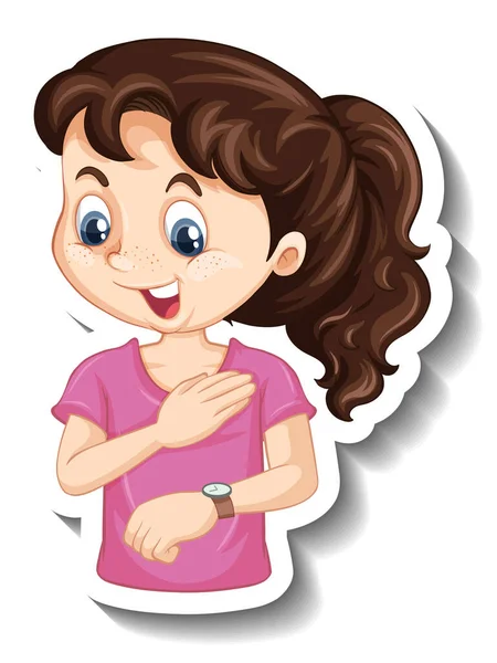 Sticker Een Meisje Cartoon Karakter Zoek Naar Horloge Illustratie — Stockvector