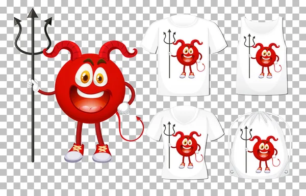 赤い悪魔の漫画のキャラクターのセットで異なるシャツモックアップイラスト — ストックベクタ
