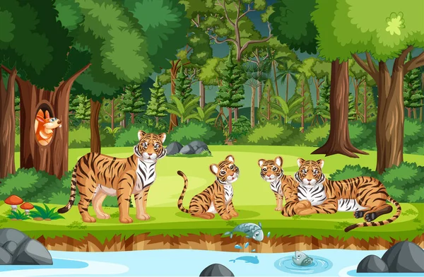 Floresta Floresta Tropical Cena Com Tigre Família Ilustração — Vetor de Stock