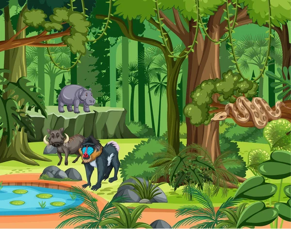 Escena Selva Tropical Con Varios Animales Salvajes Ilustración — Archivo Imágenes Vectoriales