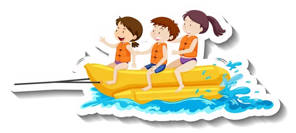 Bambini Che Giocano Banana Barca Cartone Animato Adesivo Illustrazione — Vettoriale Stock