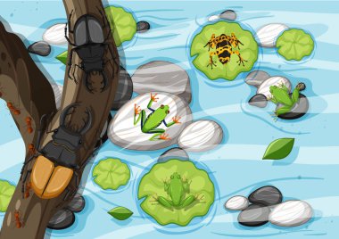 Aerial scene with stag beetles on branches on swamp illustration vector Aerial scene with stag beetles on branches on swamp illustration vector