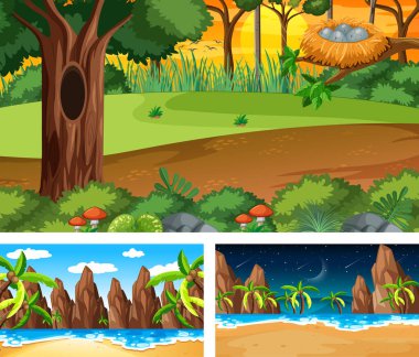 Üç farklı doğa manzarası çizimi