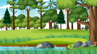 Orman illüstrasyonunda akan akıntılı doğa sahnesi