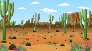 Desert forest landscape at daytime scene with many cactuses illustration clipart