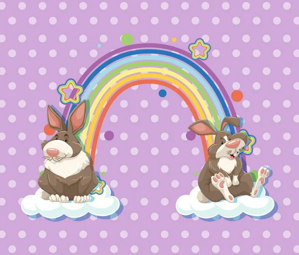 Two Rabbits Cloud Rainbow Purple Polka Dot Background Illustration — Stock Vector