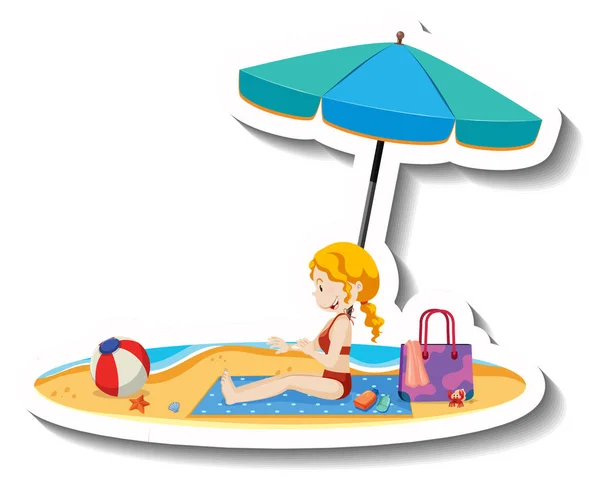 Mädchen Sitzt Auf Strandmatte Mit Sommer Strandobjekte Illustration — Stockvektor