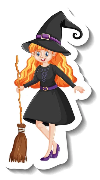 漂亮的女巫手持扫帚卡通人物贴画 — 图库矢量图片