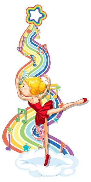 Ballerina Mit Melodie Symbolen Auf Regenbogenwellen Illustration — Stockvektor