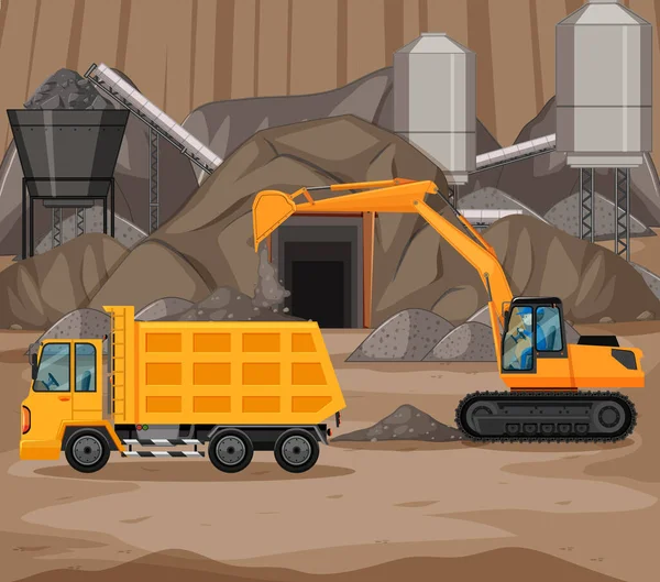 Paysage Scène Minière Charbon Avec Grue Camions Illustration — Image vectorielle