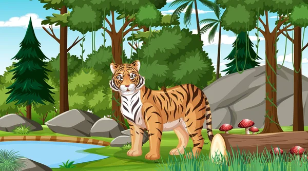 Tigre Escena Del Bosque Selva Tropical Con Muchos Árboles Ilustración — Archivo Imágenes Vectoriales