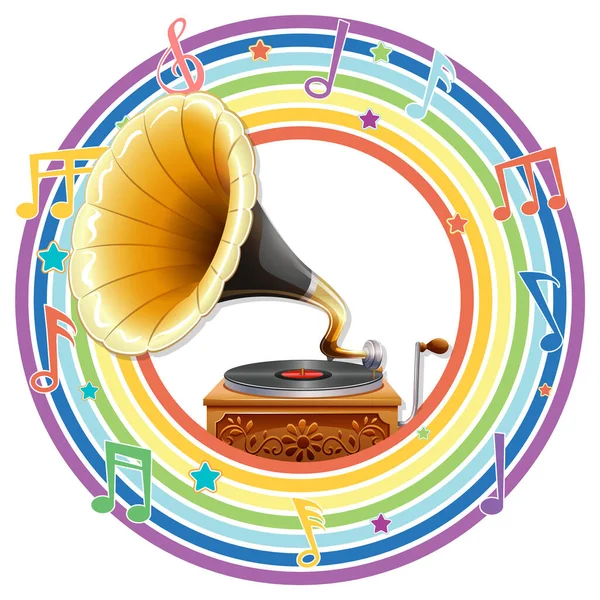 Gramofon Szivárvány Kerek Keretben Dallamszimbólumokkal Illusztrálva — Stock Vector