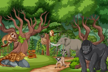 Vahşi hayvan çizgi film karakteri orman sahnesi illüstrasyonu