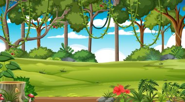 Orman gündüz sahnesinde çeşitli orman bitkileri ve ağaç resimleriyle