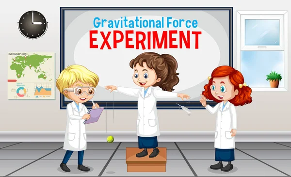 Expérience Force Gravitationnelle Avec Des Enfants Scientifiques Illustration Personnage Dessin — Image vectorielle