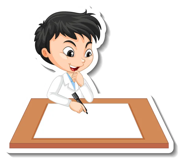 Científico Niño Personaje Dibujos Animados Con Ilustración Mesa Blanco — Vector de stock