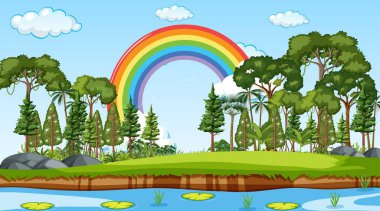 Gökyüzünde gökkuşağı olan doğa sahnesi arkaplanı