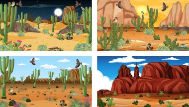 Çöl ormanı manzaralı farklı sahneler. Hayvanlar ve bitkiler resimli.