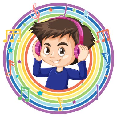 Oğlan gökkuşağı yuvarlak çerçevesinde melodi sembolleri ile kulaklık takıyor.