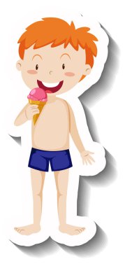 Çilekli dondurma yiyen bir çocuk çizgi film çıkartması çizimi