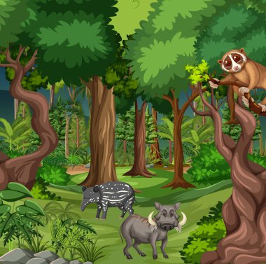 Çeşitli vahşi hayvan resimleriyle tropik yağmur ormanı sahnesi